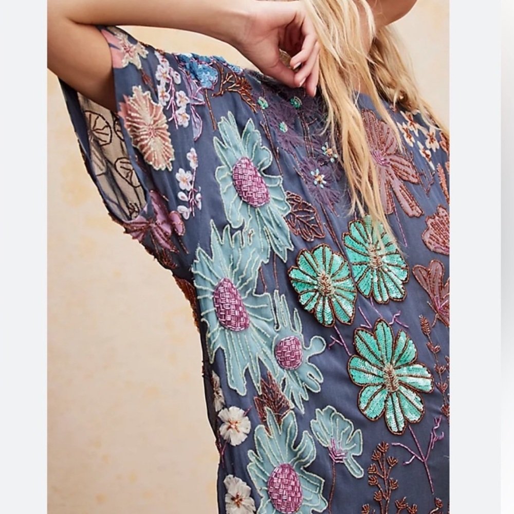 Free People Jewel Mini Dress Zenon Blue Combo Size Large Floral Beaded - Picture 2 of 13